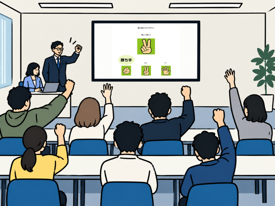じゃんけん課題を皆で手を挙げて体験する様子